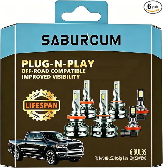 Light Bulbs Fits 2019-2023 Dodge Ram 1500 2500 3500 6000K 40000LM | 9005 H11 hi/lo beam, H11 fog lights, 1:1 as Stock, Pure White Brightness, Replacement Off-road Lamp, Plug-N-Play, 6-Pack
