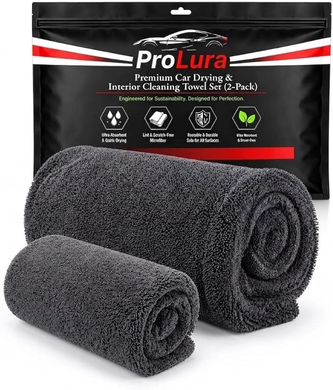 Microfiber Car Drying Towel & Interior Cleaning Cloth Set (2-Piece), 1300 GSM 24” x 36” Twisted Loop + 550 GSM 16” x 16” Coral Fleece, Streak-Free, Scratch-Free, Auto Detailing for Cars, Trucks & SUV