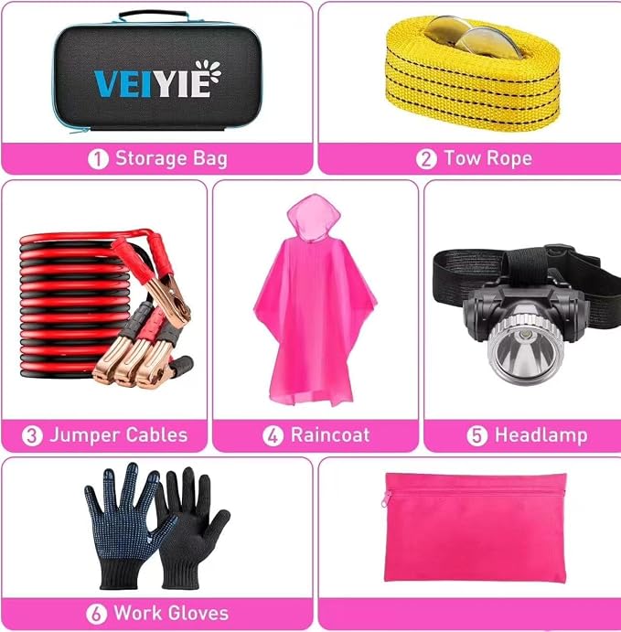 Car Roadside Emergency Kit with Jumper Cables, Car First Aid Kit Emergency Kit for Vehicles, Car Safety Roadside Assistance Kit Headlamp, Tow Straps, Gloves, Essential Car Accessories for Men, Women