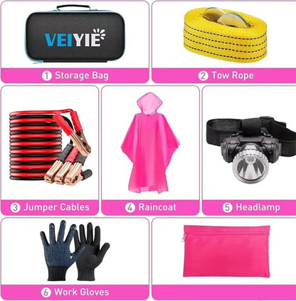 Car Roadside Emergency Kit with Jumper Cables, Car First Aid Kit Emergency Kit for Vehicles, Car Safety Roadside Assistance Kit Headlamp, Tow Straps, Gloves, Essential Car Accessories for Men, Women