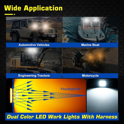 High-end Amber & White LED Pod Lights, 2 Pack 4.5inch Square Light Pods with Wiring Harness, 3 Mode Spot Flood Combo Offroad LED Work Lights 4x4, Strobe Fog Light for Truck Car ATV UTV Boat 12V