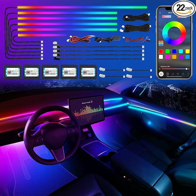 Dreamcolor Acrylic Interior Car LED Strip Light with Wireless APP, RGB 14 in 1 with 175 inches 600 LEDs Fiber Optic Car Ambient Lighting Kits, Dual Zone Sound Active Function LED Strip for Car