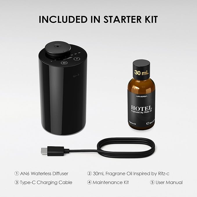 Airversa Waterless Essential Oil Diffuser Starter Kit with 30mL Hotel Fragrance Oil Inspired by Ritz-C., Battery Operated Car Diffuser, Portable Aroma Nebulizer for Home Car Office, AN6Kit-B, Black