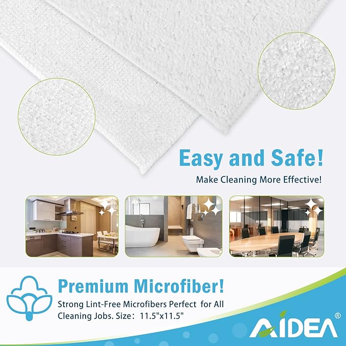 AIDEA Microfiber Cleaning Cloth White 100PK, Microfiber Towels for Cars, Absorbent Cleaning Rags, Lint-Free Streak-Free Wash Cloths for House, Kitchen, Cleaning Supplies 11.5"×11.5"