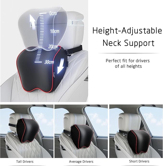 Crofy 2 Pack Car Neck Pillow, Softness Car Headrest Pillow for Driving with Adjustable Strap, 100% Memory Foam and Breathable Removable Cover, Comfortable Ergonomic Design, Black & Red