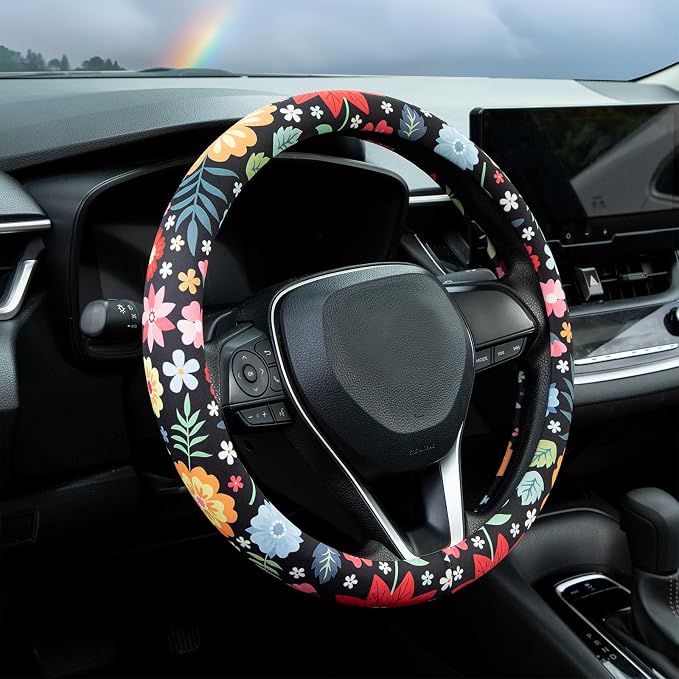 Colorful Floral Flowers Steering Wheel Cover Auto Steering Wheel Protector, Anti-Slip, Breathable, Absorbing Sweat, Universal Floral Car Accessories 14.5–15 inch