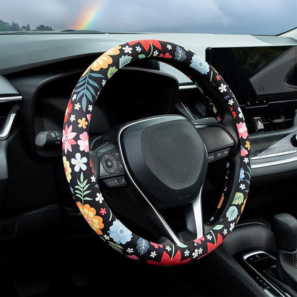 Colorful Floral Flowers Steering Wheel Cover Auto Steering Wheel Protector, Anti-Slip, Breathable, Absorbing Sweat, Universal Floral Car Accessories 14.5–15 inch