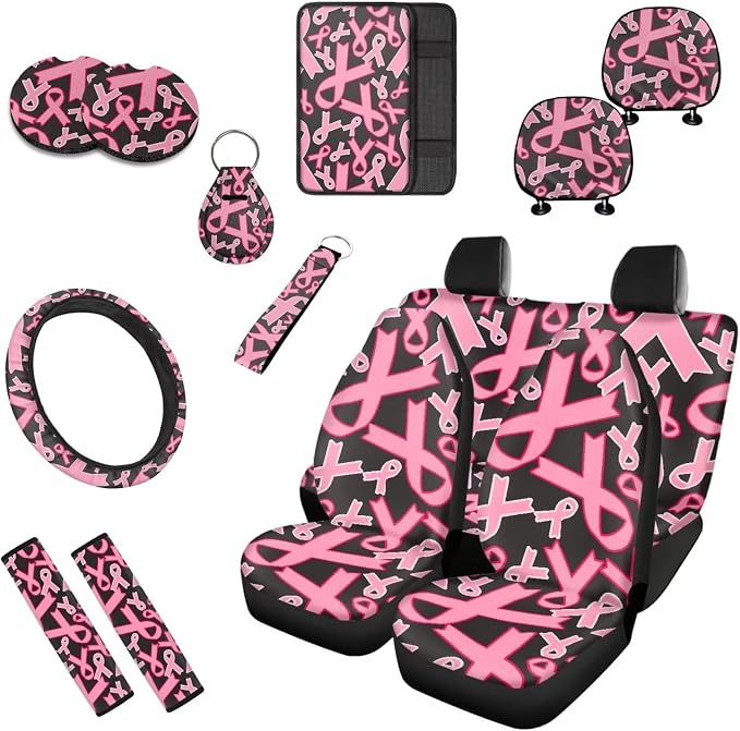 13 Set Pink Ribbon Car Seat Cover Full Set, Breast Cancer Awareness Universal Seat Belt Pads Cup Holder Coasters, Minimalist Aesthetics Steering Wheel Cover Keychain