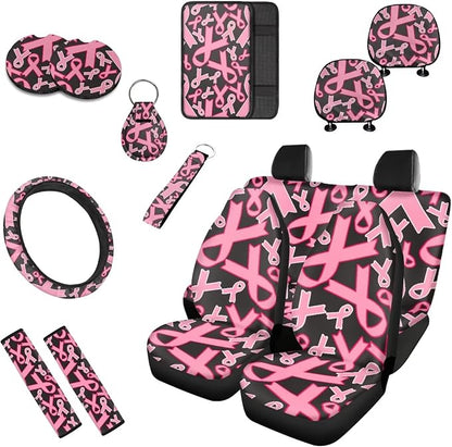 13 Set Pink Ribbon Car Seat Cover Full Set, Breast Cancer Awareness Universal Seat Belt Pads Cup Holder Coasters, Minimalist Aesthetics Steering Wheel Cover Keychain