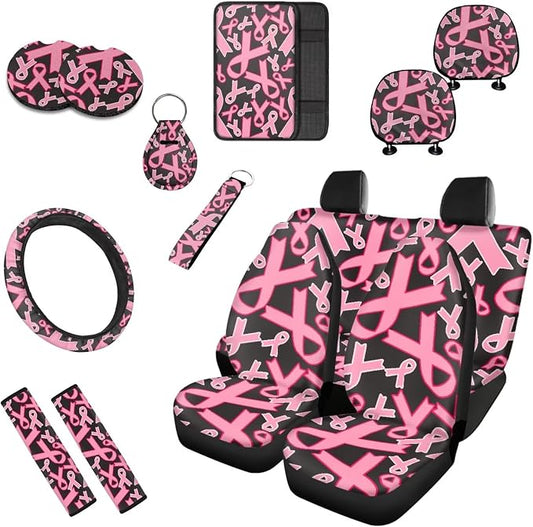 13 Set Pink Ribbon Car Seat Cover Full Set, Breast Cancer Awareness Universal Seat Belt Pads Cup Holder Coasters, Minimalist Aesthetics Steering Wheel Cover Keychain