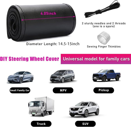 Ziciner Genuine Leather Steering Wheel Cover, Stitch on Wrap, Breathable Anti-Slip Car Steering Wheel Protector for Max Diameter 15 Inch, DIY Sewing with Needles Thread (Black, Glossy)