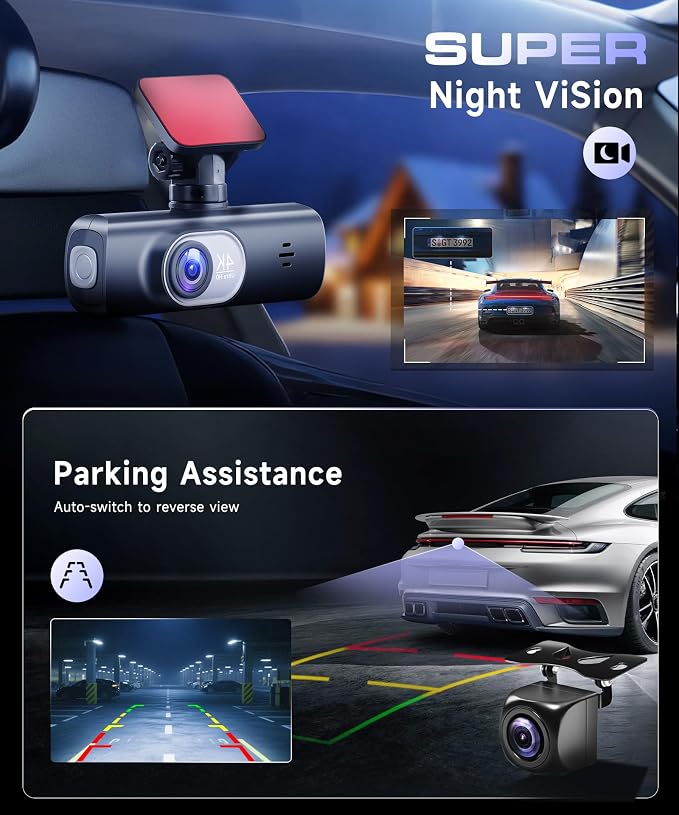 Dash Cam 4K Front and Rear Full HD Dash Camera for Cars, Included 64GB Card, Built-in WiFi, 1.47" IPS ScreenLoop Recording, G-Sensor, Night Vision, Parking Mode