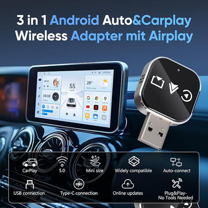 Wireless Car Adapter 3-in-1 Auto Adapter Converts Wired to Wireless with USB a to C Connector Plug and Play for Stable Phone Connection Navigation and Voice Control