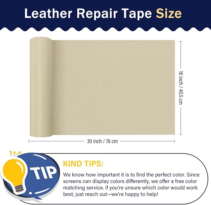 Zenyao Leather Repair Patch Tape - Self Adhesive Leather Repair Kit for Car Seat Furniture, Heavy Duty Vinyl Repair Patch for Couch Sofa, Waterproof Fix for Tears, 16x30 Inch Roll, Off White