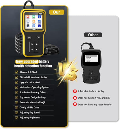 OBD2 Scanner with Upgrade Battery Tester - Diagnostic Tool for Cars That Check Engine Light & Emissions Readiness Read and Clears Vehicle Error Codes for All OBD II Protocol Vehicles Since 1996 Yellow