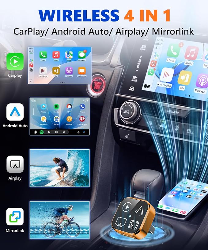 4-in-1 Mini Wireless CarPlay & Android Auto Adapter Support AirPlay/MirrorLink, Convert Wired to Wireless, Auto-Connect for Daily Commute, 5.8GHz Stable Connection, Plug & Play Dongle, Orange