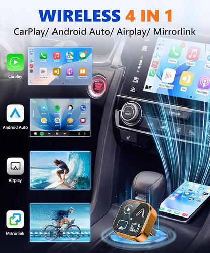 4-in-1 Mini Wireless CarPlay & Android Auto Adapter Support AirPlay/MirrorLink, Convert Wired to Wireless, Auto-Connect for Daily Commute, 5.8GHz Stable Connection, Plug & Play Dongle, Orange