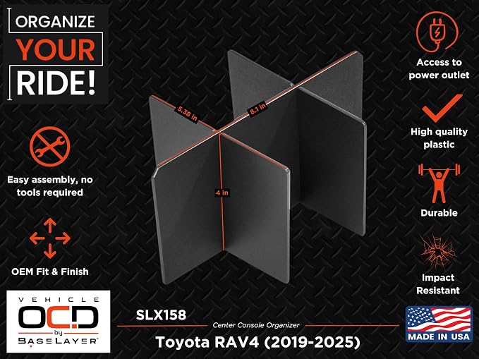 Vehicle OCD - Center Console Organizer for Toyota RAV4 (2019-2025) - Made in USA - SLX158