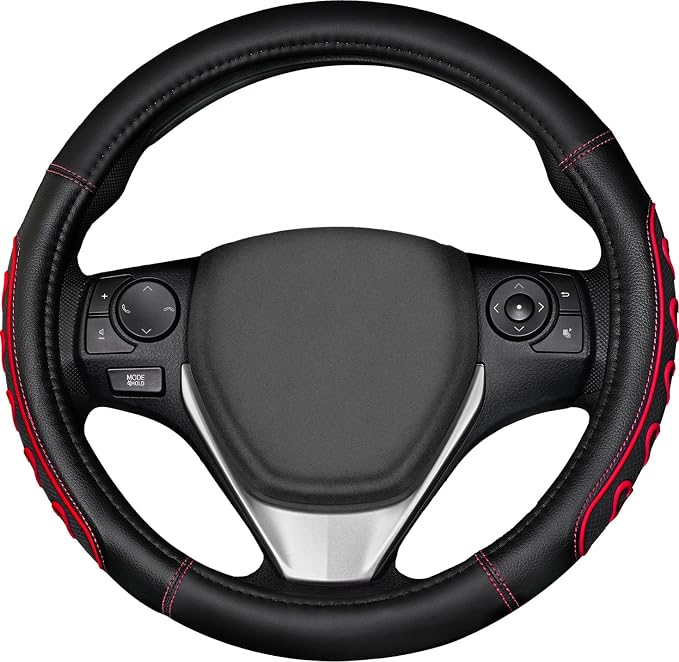 Ventilated Heart-Shaped Steering Wheel Cover with Anti-Slip Leather Grip. Compatible with Ford, Toyota, Honda, Nissan, and Chevrolet Vehicles for 14.5-15.2 inch Round Steering Wheels.
