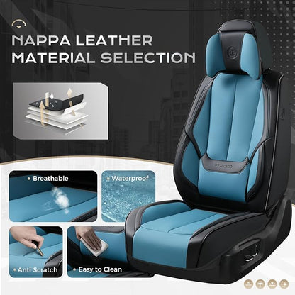 Coverado Seat Covers, Car Seat Covers Front Seats, Car Seat Cover, Car Seat Protector Waterproof, Seat Cushion Nappa Leather with Head Pillow, Carseat Cover Universal Fit for Most Cars (Black&Blue)