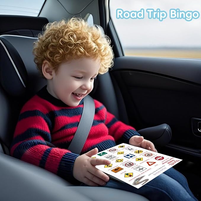 Road Trip Bingo Travel Game for Kids | 8 Double-Sided Cards, 14 Themed Categories, Car Activities