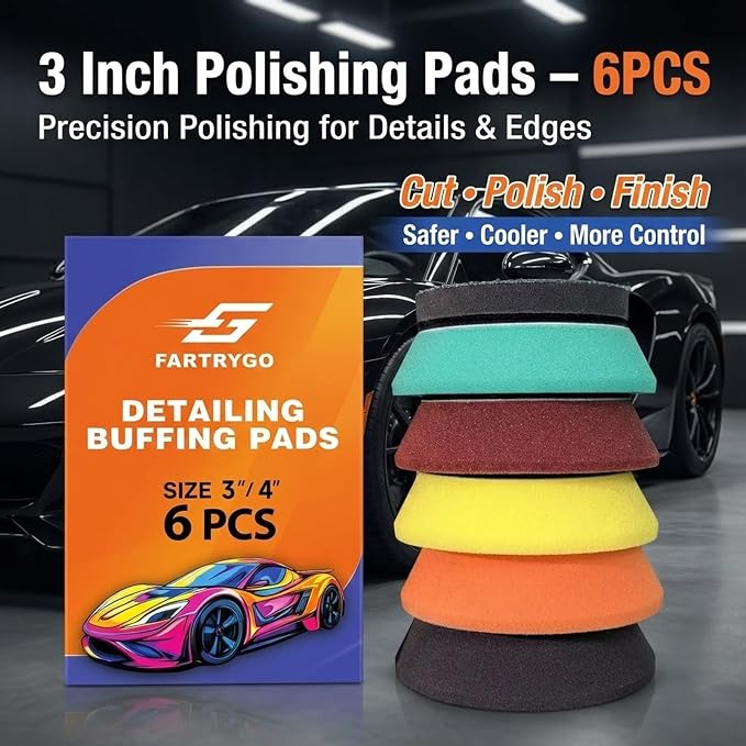 3 Inch Foam Polishing Pads 6-Pack – Dual-Layer, Heat-Dissipating & Tapered Edge | Hook & Loop Buffing Pads for Cutting, Polishing & Finishing | Tear-Resistant Foam