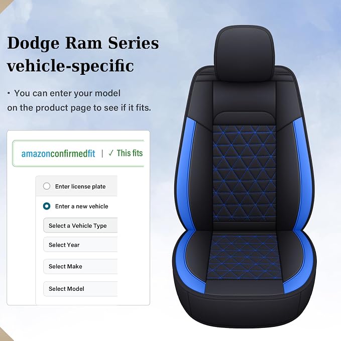 Coverado RAM Seat Cover Full Set, Leather Seat Covers Fit for Dodge RAM 1500, Truck Seat Covers Custom Fit for 2002-2026 Dodge RAM 1500 2500 3500 Crew Quad Cab with Curved Bench, Blue