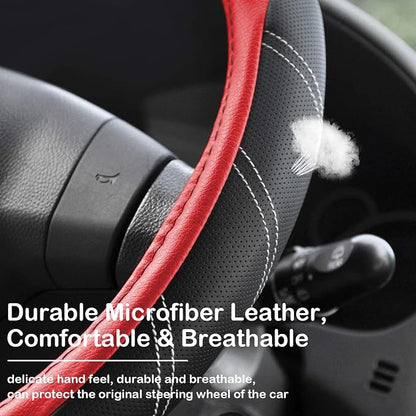 Black and Red Line Punching Car Steering Wheel Cover, Microfiber Leather Sports, 14.5-15 in Universal Leather Wheel Covers, Breathable Fashion Anti-Slip, Steering Wheels Accessories for Men Women