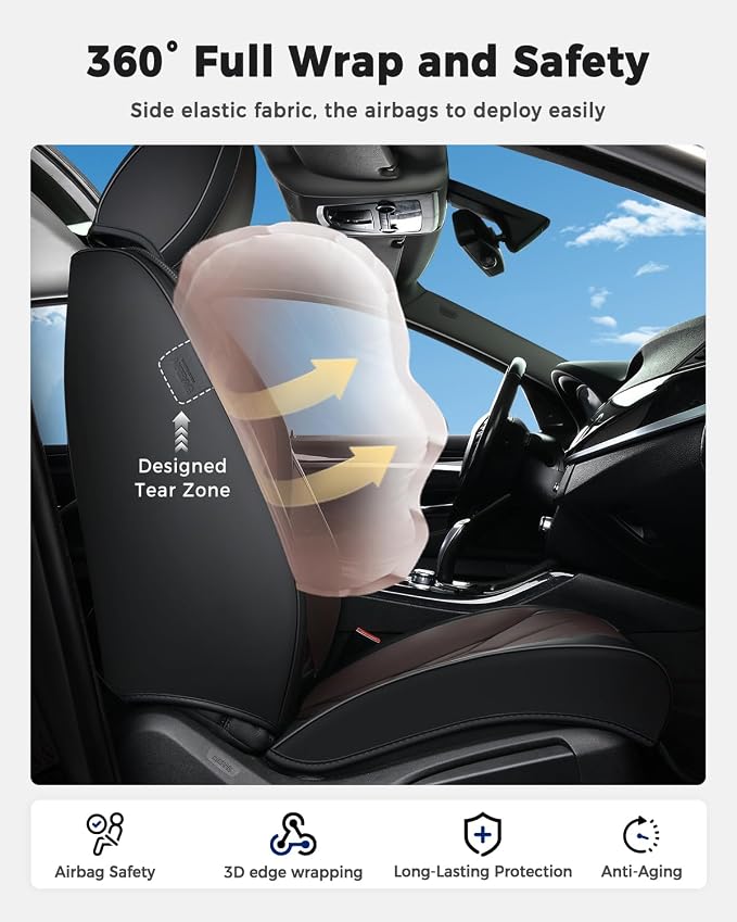 Huidasource Seat Covers Full Set, Universal Fit for Most Cars SUVs Trucks, Full Coverage Leather Seat Cover, Airbag, Cupholder Compatible, Seat Function Retain, Easy Install with Velcro, Black&Coffee