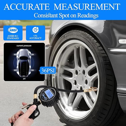 Digital Tire Pressure Gauge with Inflator 250 PSI, Heavy Duty 360° Air Chuck Air Compressor Attachments, Improved Leaks Protection & Extended Hose Tire Gauge, 0.1 Display Resolution, with Storage Box