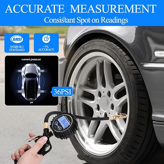 Digital Tire Pressure Gauge with Inflator 250 PSI, Heavy Duty 360° Air Chuck Air Compressor Attachments, Improved Leaks Protection & Extended Hose Tire Gauge, 0.1 Display Resolution, with Storage Box
