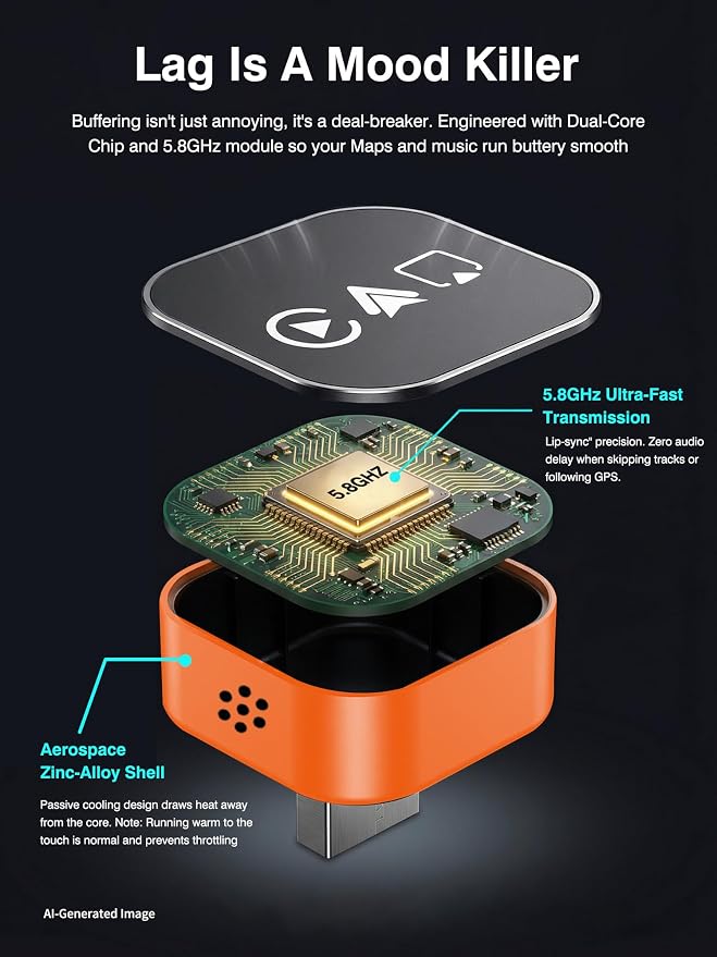 4-in-1 Wireless CarPlay & Android Auto Adapter – AirPlay & Miracast Media Hub – Seamless for Mixed Families – 5.8GHz Low-Latency & Auto-Connect – Factory Wired Cars Only (Orange)