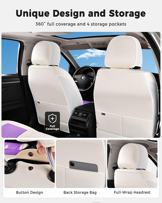 Huidasource Car Seat Covers Full Set, Universal Fit for Most Cars SUV Trucks, Full Coverage Nappa Leather Seat Cover, Airbag, Cupholder Compatible, Seat Function Retain, White&Purple