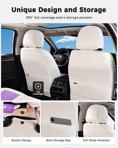 Huidasource Car Seat Covers Full Set, Universal Fit for Most Cars SUV Trucks, Full Coverage Nappa Leather Seat Cover, Airbag, Cupholder Compatible, Seat Function Retain, White&Purple