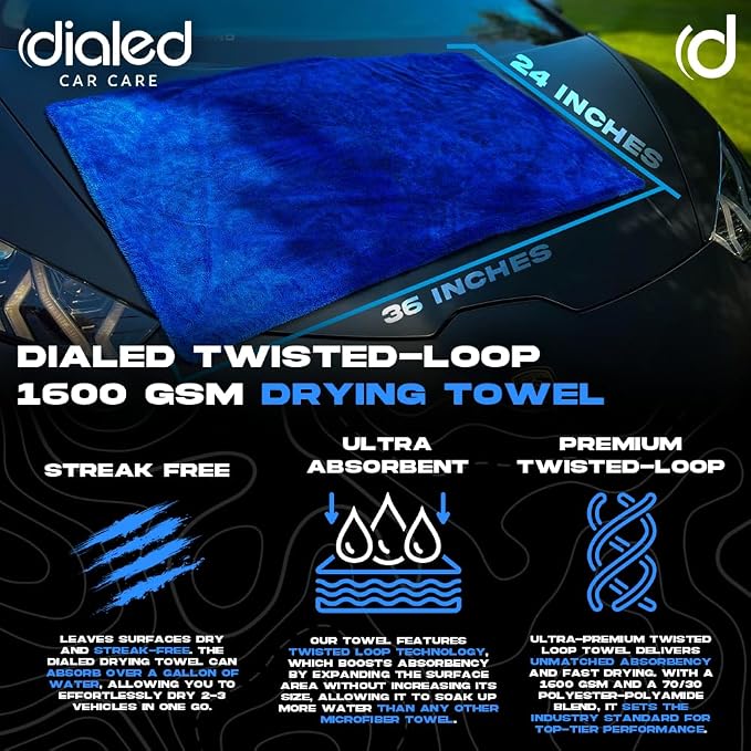 Dialed Drying Towel 1600 GSM, Premium 70/30 Blend Microfiber for Drying Cars, Trucks, SUVs. Professional Grade, Safe for Detailing + Lint Free. 24"" x 36"", Marina Blue, X-Large