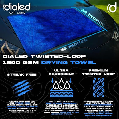 Dialed Drying Towel 1600 GSM, Premium 70/30 Blend Microfiber for Drying Cars, Trucks, SUVs. Professional Grade, Safe for Detailing + Lint Free. 24"" x 36"", Marina Blue, X-Large