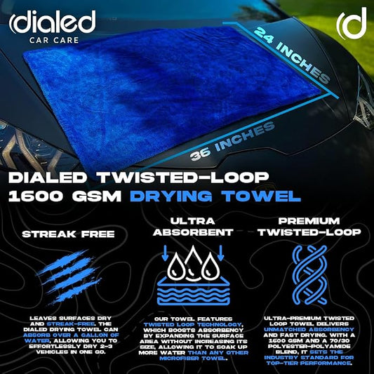 Dialed Drying Towel 1600 GSM, Premium 70/30 Blend Microfiber for Drying Cars, Trucks, SUVs. Professional Grade, Safe for Detailing + Lint Free. 24"" x 36"", Marina Blue, X-Large