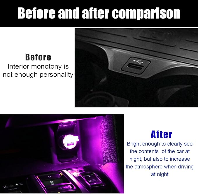 2 PCS USB LED Car Interior Atmosphere Lamp, Portable Mini LED Night Light, Plug-in USB Interface Trunk Ambient Lighting Kit, Universal Interior Car Accessories (Purple)