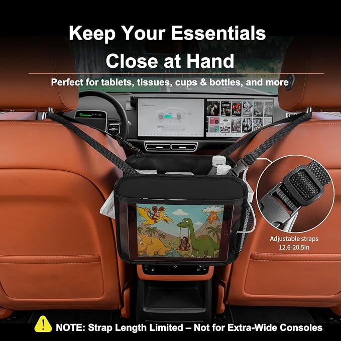 Car Organizer Bag for Back Seat Front Seat or Between Seats Premium PU Leather Hanging Storage Caddy with Tablet Holder Tissue Box Cup Bottle Holders Mesh Pockets for Kids Adults