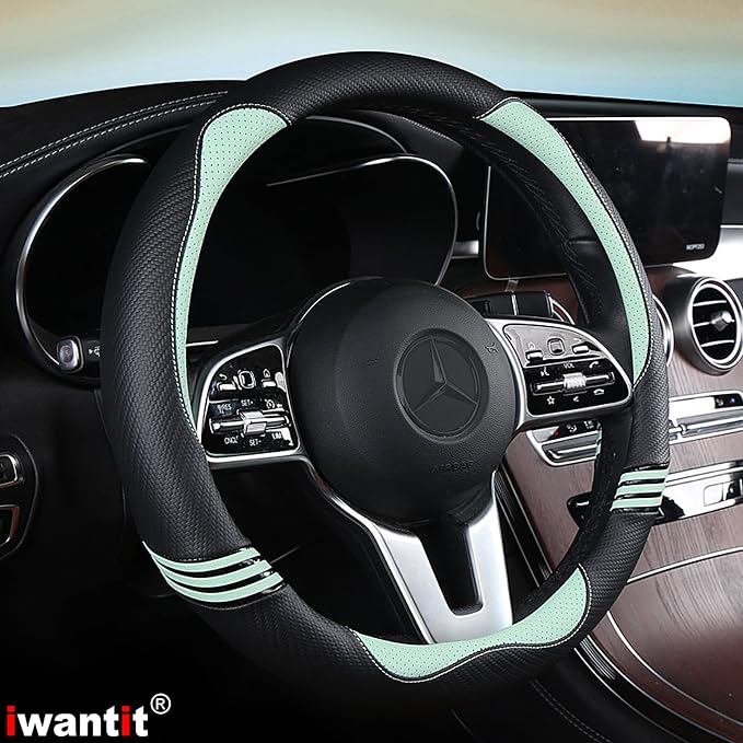 Iwantit® Steering Wheel Cover with Carbon Fiber and Anti-Slip Rubber Ring,Universal Fit 14.5-15 inches for Cars,SUV (Fruit Green)