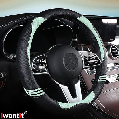 Iwantit® Steering Wheel Cover with Carbon Fiber and Anti-Slip Rubber Ring,Universal Fit 14.5-15 inches for Cars,SUV (Fruit Green)