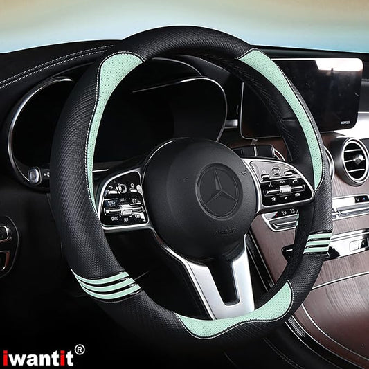 Iwantit® Steering Wheel Cover with Carbon Fiber and Anti-Slip Rubber Ring,Universal Fit 14.5-15 inches for Cars,SUV (Fruit Green)