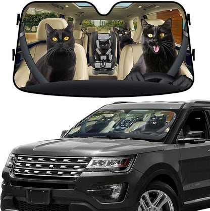 GENANY Cute Cat Family Funny Windshield Sun Shade for Car SUV Truck (55x30 Inches), Car Sun Shade Windshield, Car Shades for Front Windows, Sunshade for Car Windshield, Protector Blocks UV