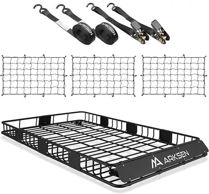 ARKSEN 84 x 50 x 6 Inch Universal Extra Wide 150LB Heavy Duty Roof Rack Cargo with 3 Nylon Cargo Nets, 2 Ratchet Straps, Car Top Luggage Holder Carrier Basket for SUV, Truck, & Car Steel Construction