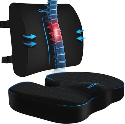 CushZone Ergonomic Seat Cushion & Lumbar Support Pillow - Memory Foam for Sciatica Pain Relief & Posture Correction, Non-Slip Chair Cushions for Office Chair/Car/Wheelchair/Travel (Black)