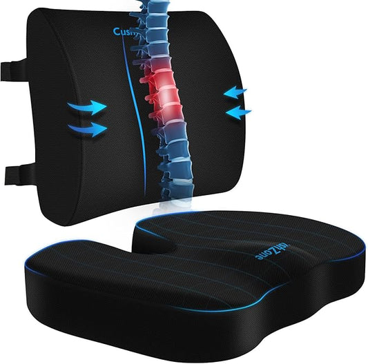 CushZone Ergonomic Seat Cushion & Lumbar Support Pillow - Memory Foam for Sciatica Pain Relief & Posture Correction, Non-Slip Chair Cushions for Office Chair/Car/Wheelchair/Travel (Black)