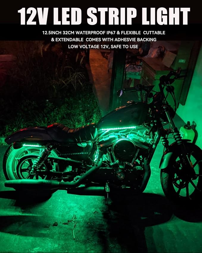 12V Led Light Strip 32CM Waterproof Green Led Strip Lights for Cars Motorcycles Golf Cart Interior & Exterior Marine Boat 12V 5050 18SMD,Pack of 4