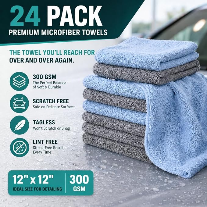 Rugged Peaks Co. Microfiber Cleaning Cloth & Microfiber Towels for Cars (24-Pack, Gray) – 12x12 Premium 70/30 Blend Precision Towels – Ultra Soft, Lint-Free Detail Cloths for Auto, Home & Electronics