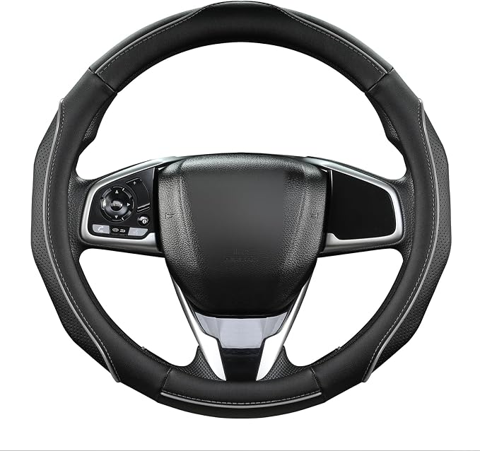 West Llama 3D Piping Leather Steering Wheel Cover for Honda Accord Civic CR-V HR-V Pilot Fit Passport Odyssey 14.5-15 inch(Black+Gray Line-Standrad Size)