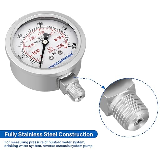 MEASUREMAN Pressure Gauge, 0-1000 PSI/kPa, Glycerin Filled, 1/4 NPT Lower Mount